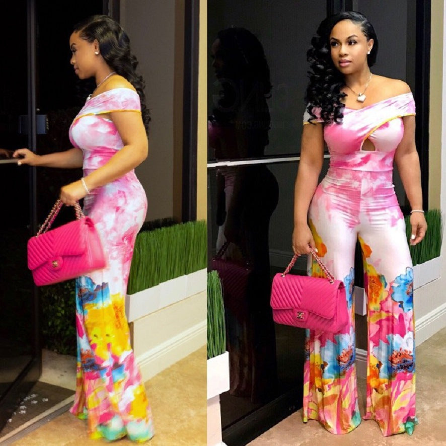 Plus Size Women's Sleeveless Sexy Tie-dye Print Hollow Wide-leg EBay Jumpsuit