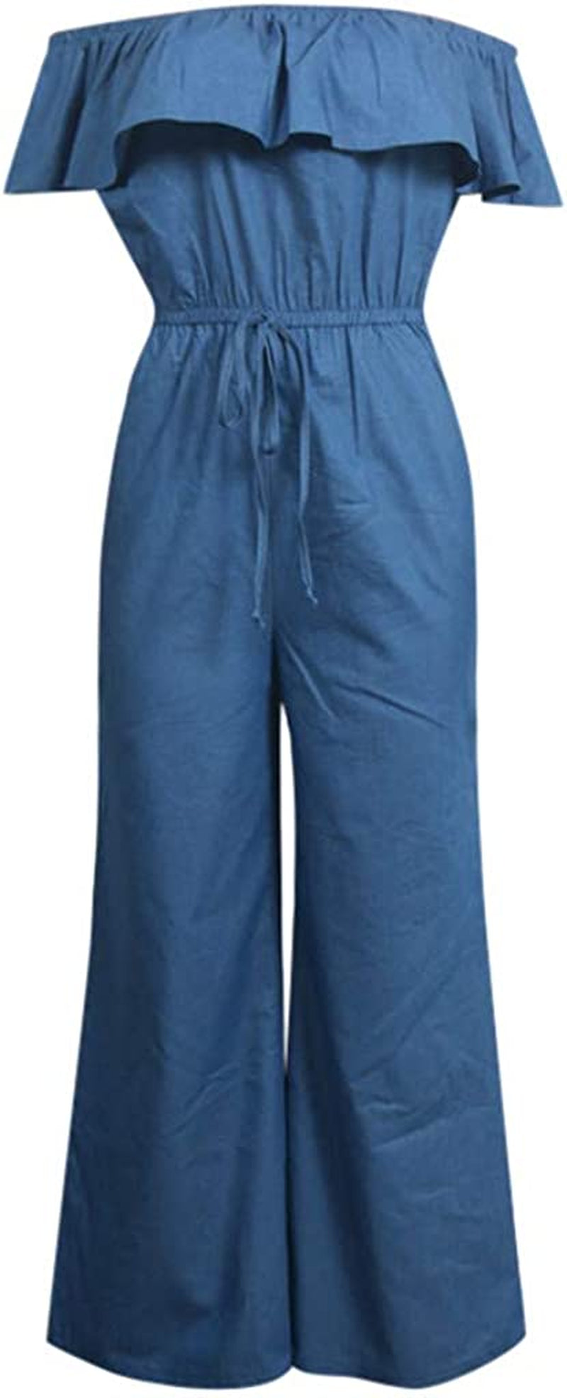 Women'S Casual off Shoulder Denim Jumpsuits Drawstring Waist Loose Wide Leg Long Pant Romper Overalls Party Club