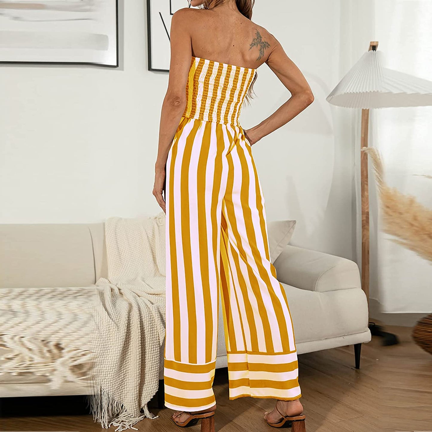 Women'S off Shoulder Wide Leg Pants Overalls Stripe Loose Casual Stretchy Long Romper Jumpsuit Strapless Playsuit
