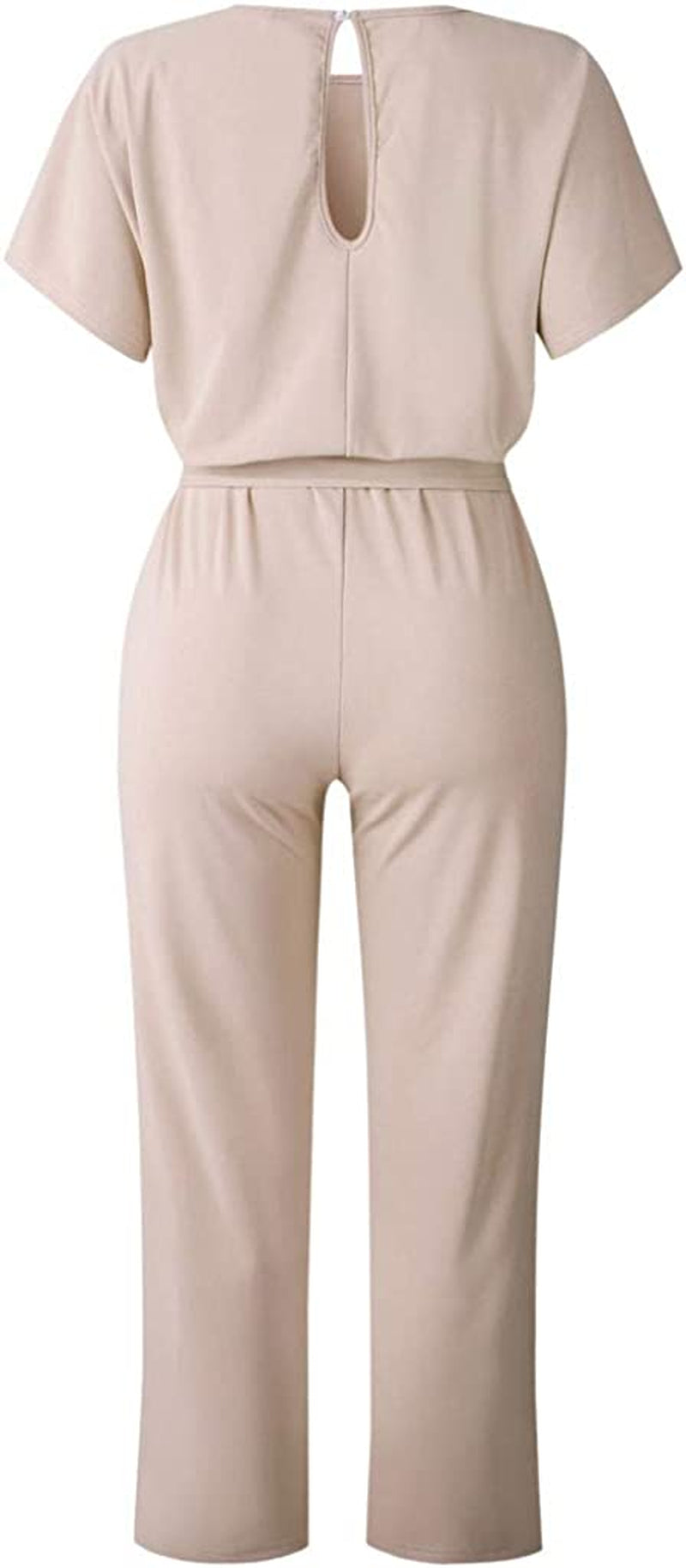 Women Casual Straight Leg Pants Rompers Loose Batwing Sleeve Crew Neck Jumpsuits with Belt Solid Color Overalls