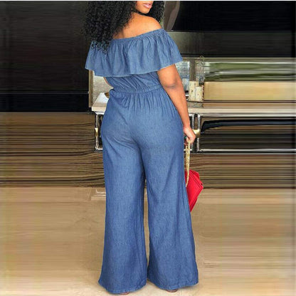 Women'S Casual off Shoulder Denim Jumpsuits Drawstring Waist Loose Wide Leg Long Pant Romper Overalls Party Club
