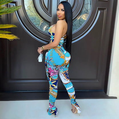 Costume deux pièces décontracté et sexy avec pantalon et petites bretelles, impression numérique