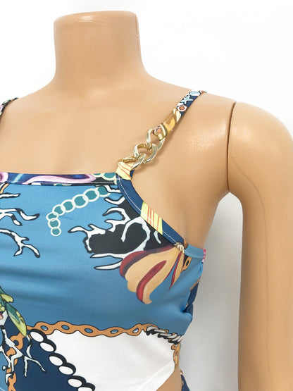 Costume deux pièces décontracté et sexy avec pantalon et petites bretelles, impression numérique