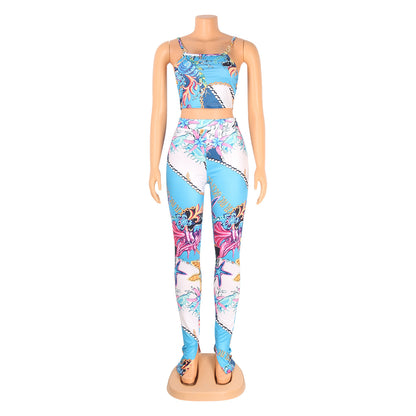 Costume deux pièces décontracté et sexy avec pantalon et petites bretelles, impression numérique