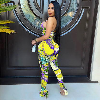 Costume deux pièces décontracté et sexy avec pantalon et petites bretelles, impression numérique